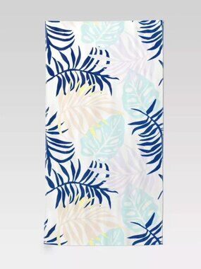 Sun Squad Tropical Print Cotton Beach Towel 32" X 62" Blue & Pastel Leaves Desig